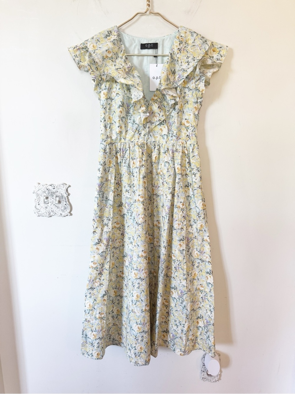 NWT O.P.T. Kate Yellow and Mint Green Floral Ruffle Flitter Sleeve Midi Dress M - Picture 5 of 12
